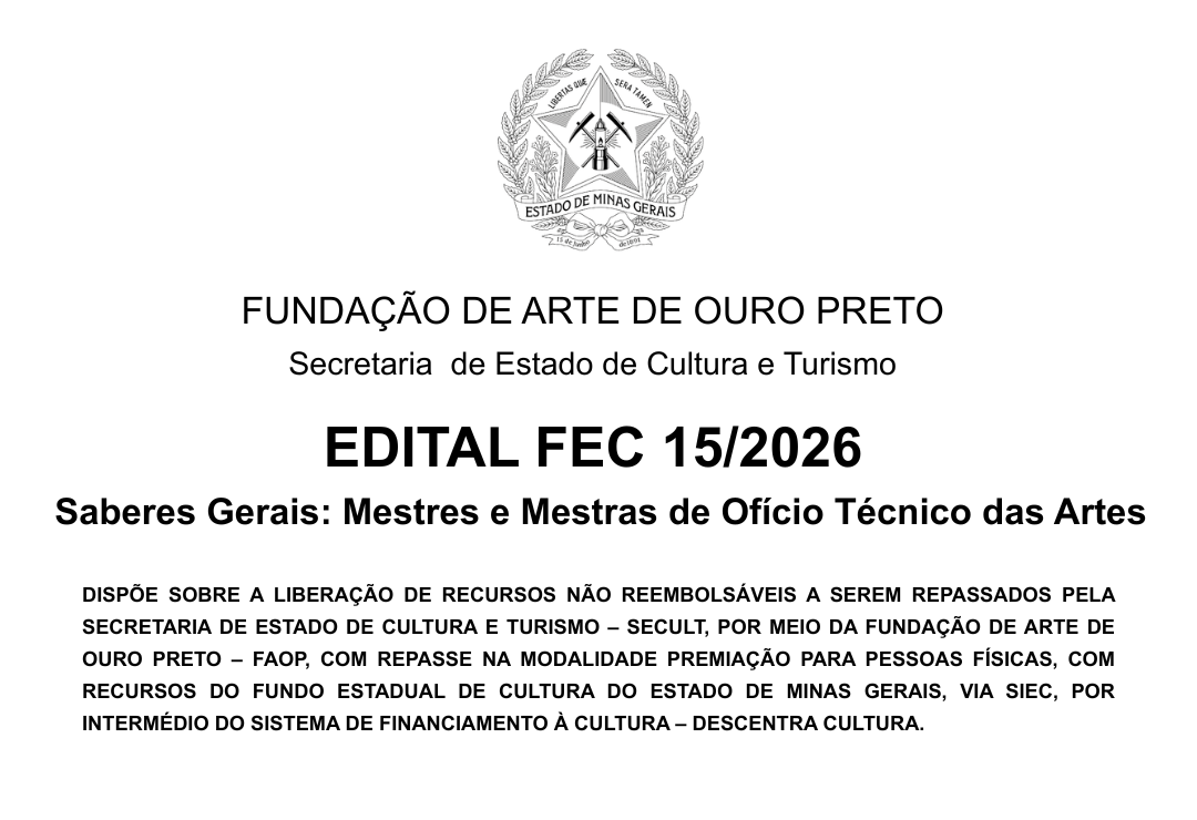Edital FEC 15/2026 – Saberes Gerais: Mestres e Mestras de Ofício Técnico das Artes